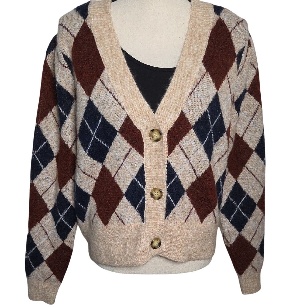 RD Style Conscious Evereve Argyle Cardigan Sweater Tan Brown Navy Medium NWT